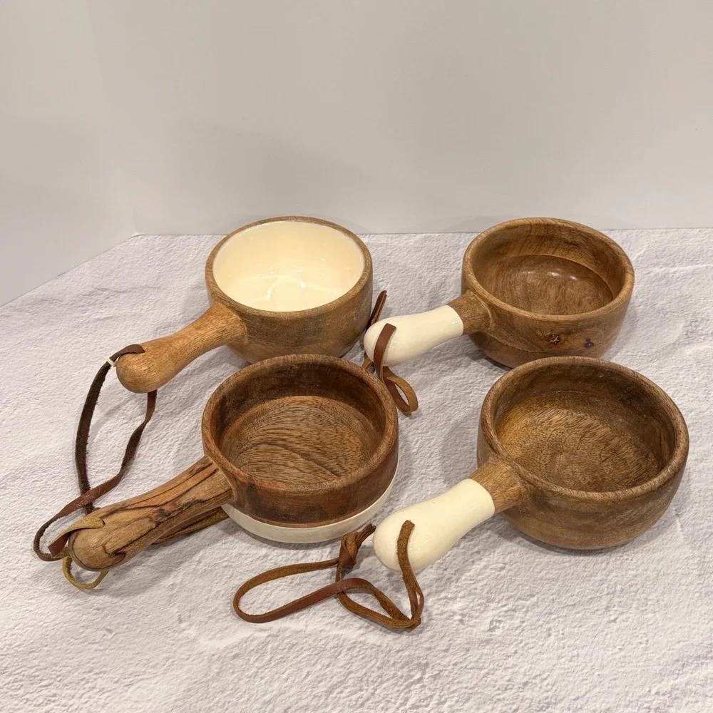 Mud Pie Mango Wood Dipping Bowls Set of 4 White Enamel Accents Leather Loops